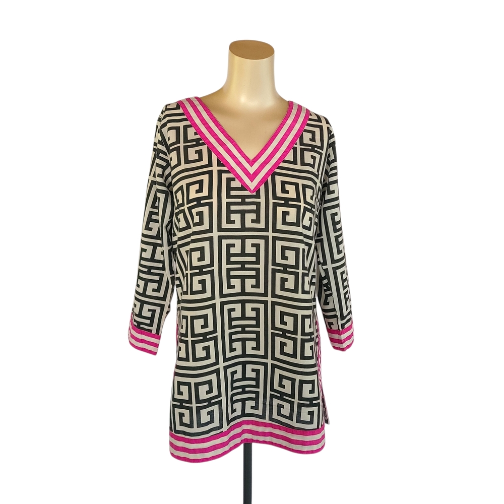 Gretchen Scott Greek Key Tunic Top Pink Trim 100% Cotton Small